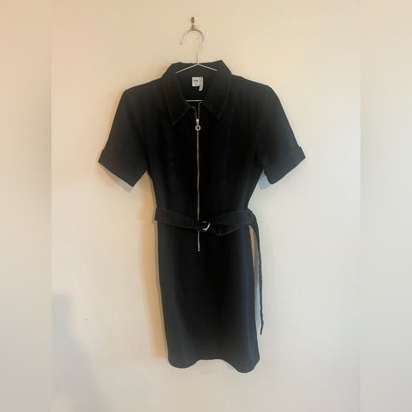 Belted and Zipped Black Denim Dress - Picture 2 of 7